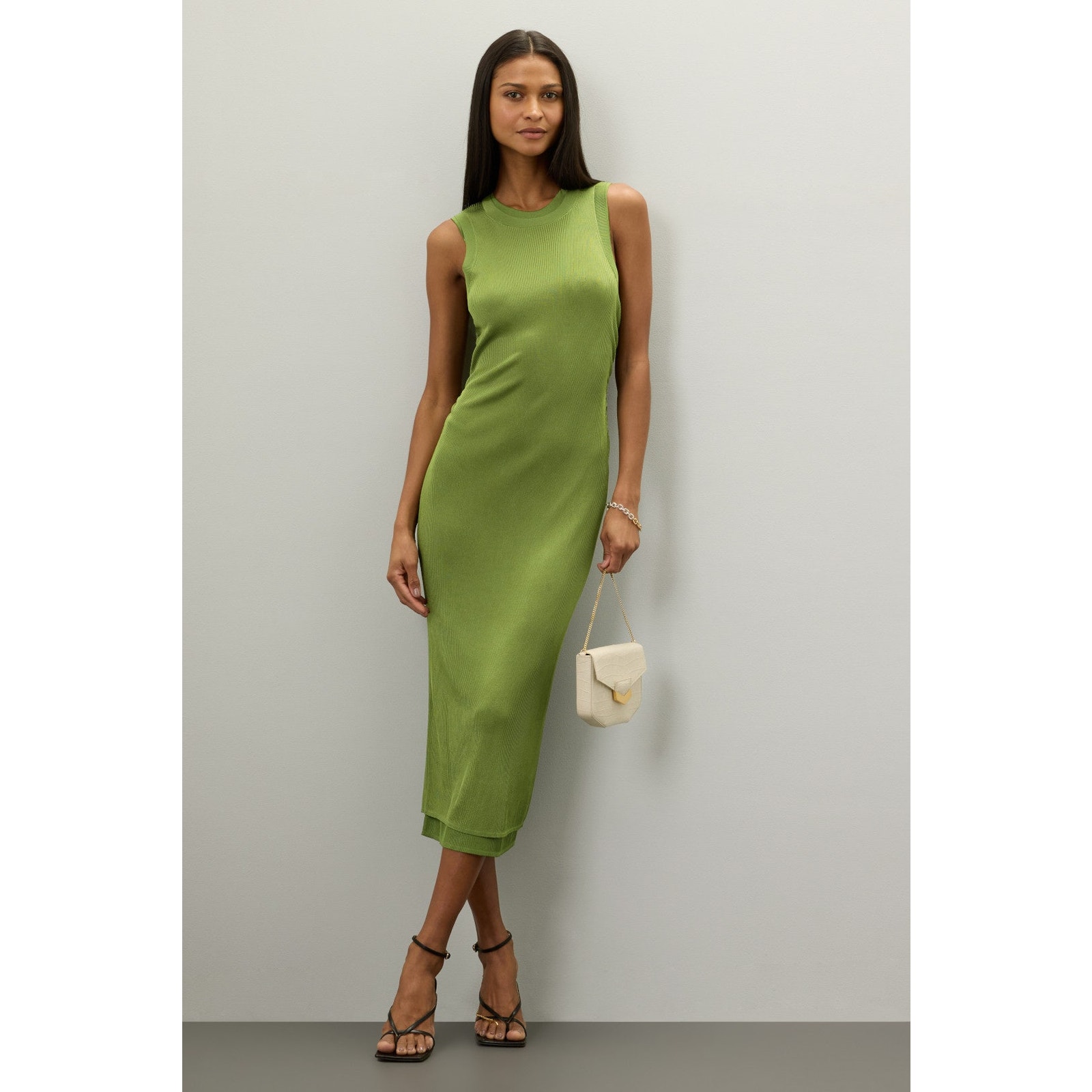Atlein Knit Midi Dress Green Crew Neck Ribbed Pullover Sleeveless Slinky Sz S